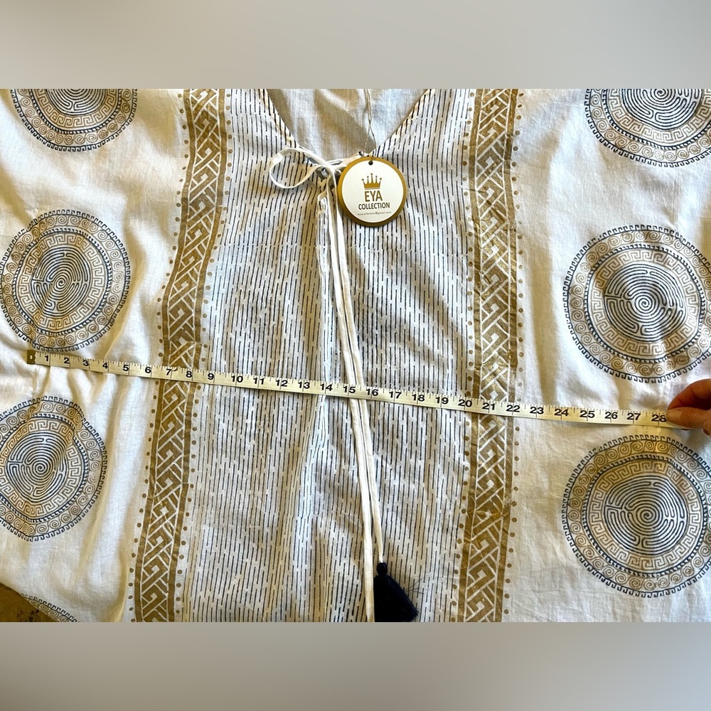 NWT Eya Collection White Tunic Gauzy Coverup, Gold & Blue Mediterranean Print - Picture 11 of 13